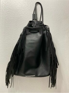 EUC Victoria's Secret Black Fringe Drawstring Backpack - Smooth Faux Leather